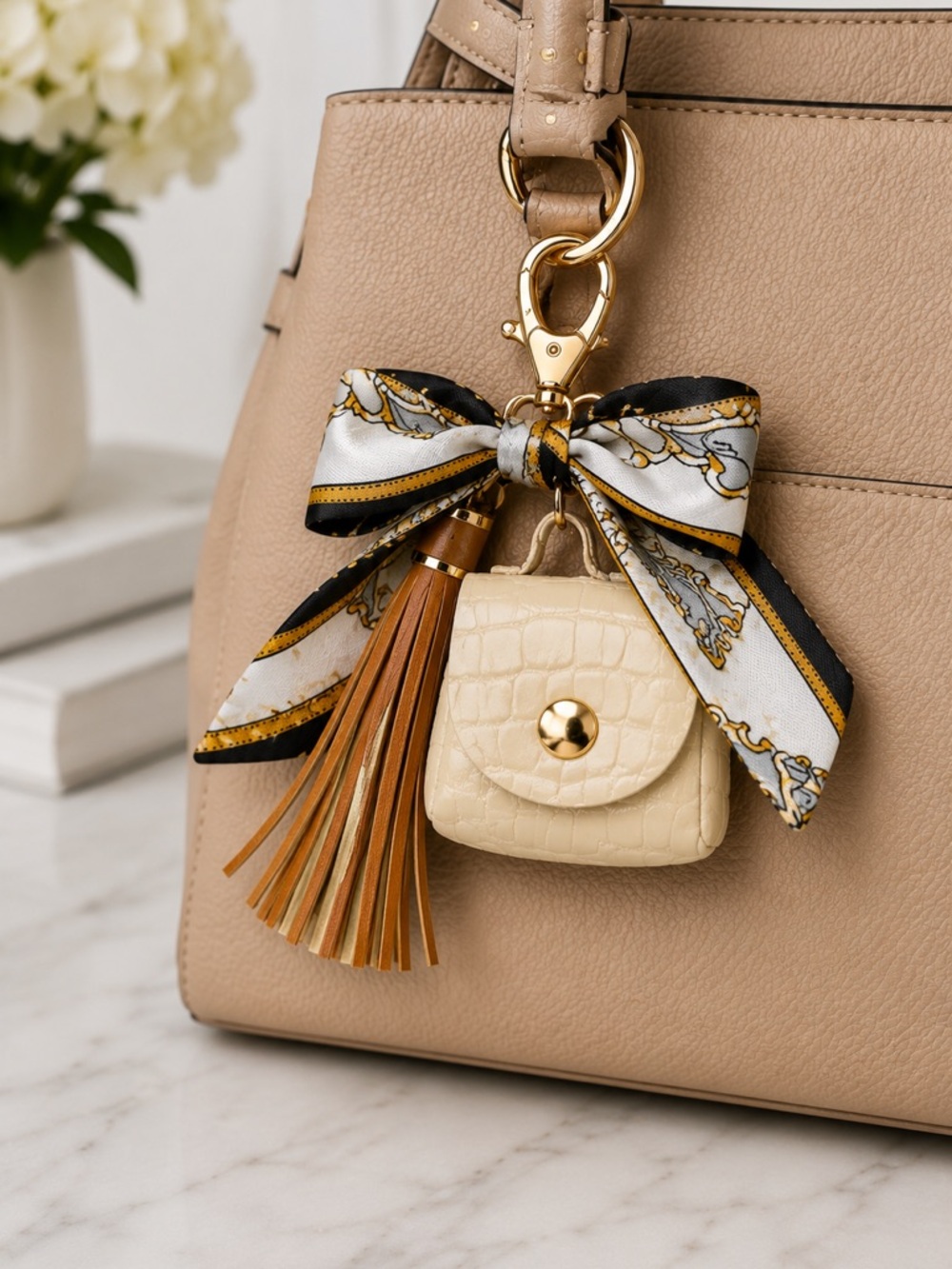4PC Hand Crafted Leather Tassel added, Embossed, Mini Keychain Handbag Charm